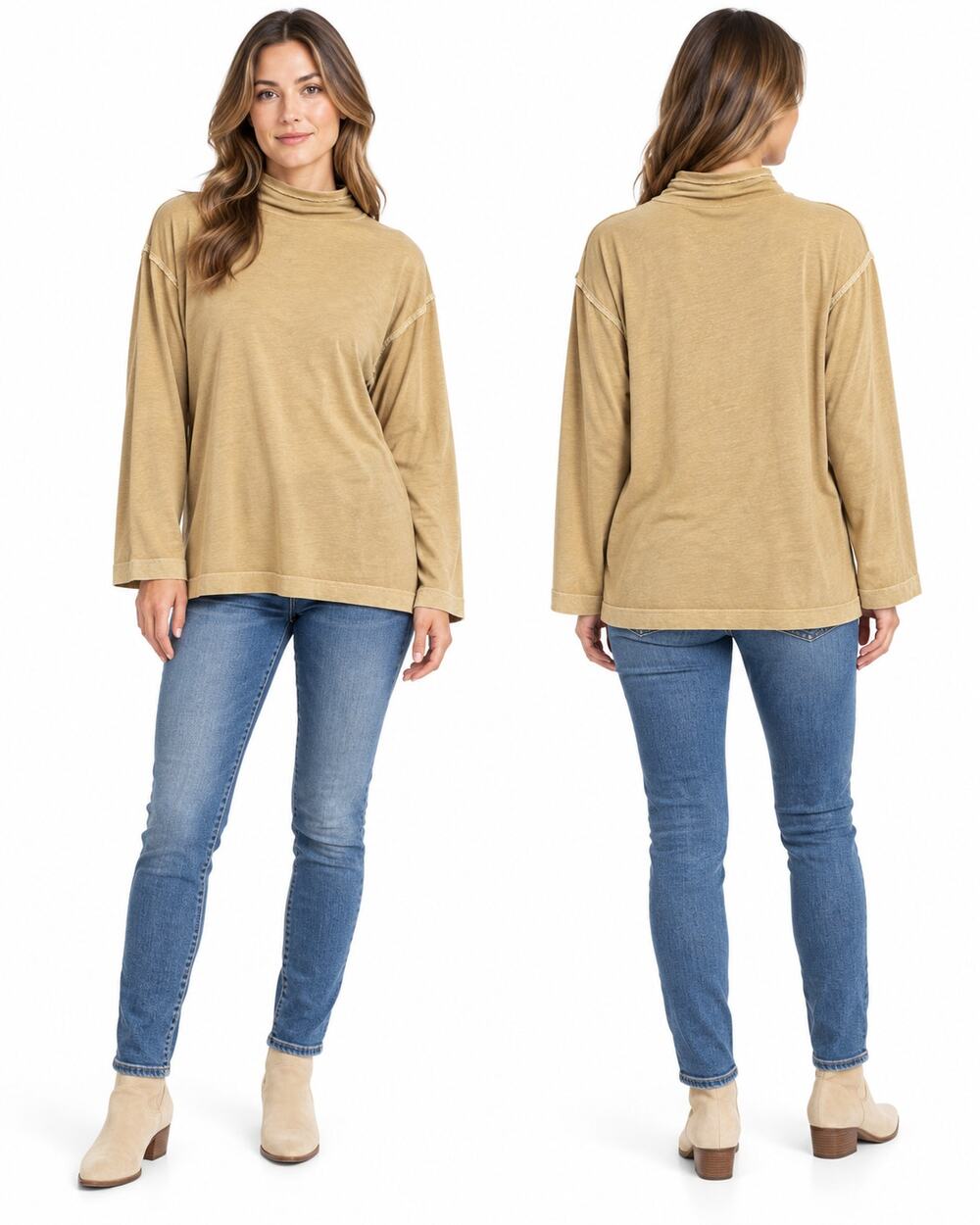 We The Free Free People Women’s L Tan Cotton Turtleneck Raw Seam Long Sleeve